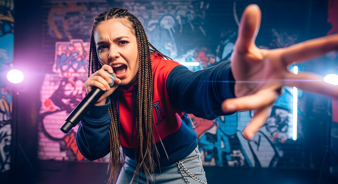 Young female singer performing passionately with a microphone. Energetic woman with braided hair reaching out in a neon lit studio with graffiti background. Hip hop and live music concept
