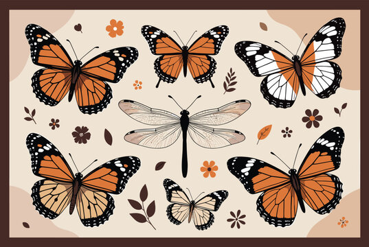 Beautiful collection of monarch butterflies and a large dragonfly are surrounded by delicate autumn leaves and small flowers on a light background.