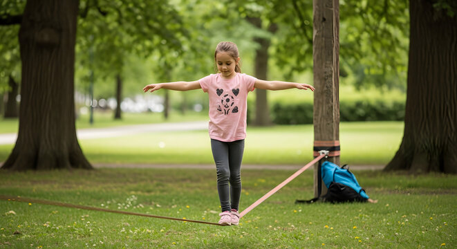Young girl balancing on a slackline in a green park. Active child walking on a tightrope during outdoor summer recreation