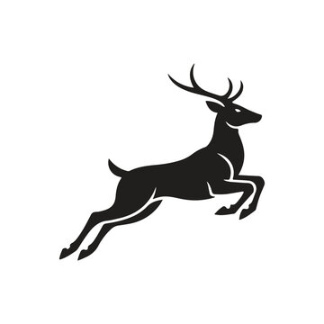 Jumping deer silhouette vector illustration, running stag with antlers logo design, black buck graphic element isolated on white background