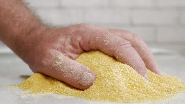 Blurred Shooting with a Person Taking with Hand Fresh Corn Flour Powder from the Table . Yellow Corn Flour, an Organic and Nutritious Food Made from Corn Grains.