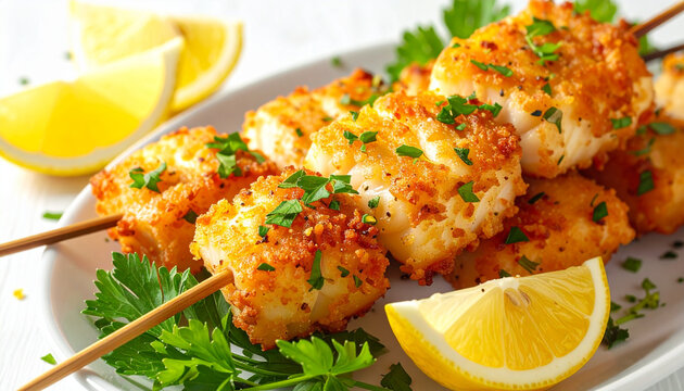 Golden Fried Fish Kebabs with Fresh Herbs and Lemon Wedges
