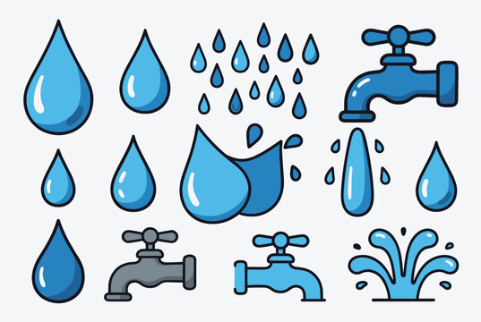 Various icons representing water conservation including different blue water drops faucets and splashing water elements.