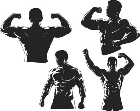 Bodybuilder Silhouette Collection Illustration, Muscular Fitness Athlete Poses Set, Strong Gym Vector Design Artwork
