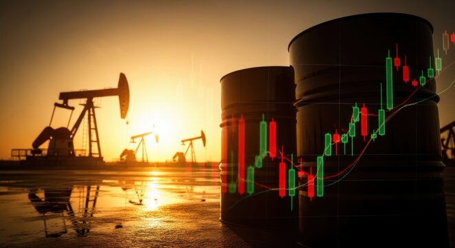 Industrial oil barrels with stock market chart, crude oil price fluctuations at sunset, oil pump jack silhouettes in petroleum field