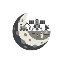 Lunar landing site with astronaut and rover on moon. © Apel
