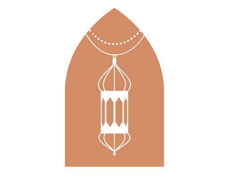 Ramadan islamic frame with hanging lantern. Vector flat orange arabic arch shape badge isolated on white background. Oriental traditional decoration element for holiday design