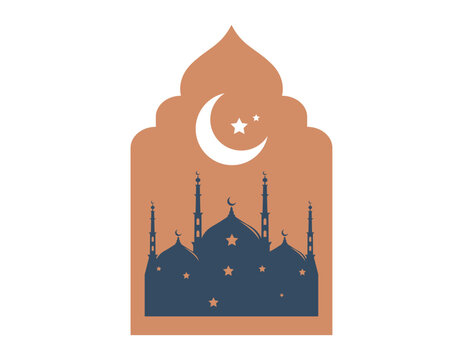 Ramadan islamic frame with mosque and moon. Vector flat orange arabic arch shape badge with stars isolated on white background. Oriental traditional holiday decoration tag