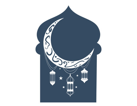 Ramadan islamic frame with crescent moon. Vector flat arabic arch badge with hanging lanterns isolated on white background. Oriental shape decoration for kareem mubarak greeting card