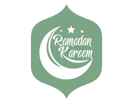 Ramadan kareem islamic frame with calligraphy. Vector flat green arabic shape badge with crescent moon isolated on white background. Oriental lettering holiday decoration