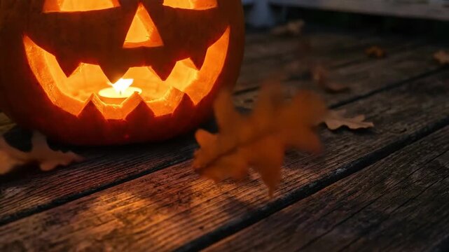 Carved Halloween pumpkin lantern with a glowing candle inside sitting on a rustic wooden porch surrounded by dry autumn oak leaves during a cozy evening celebration