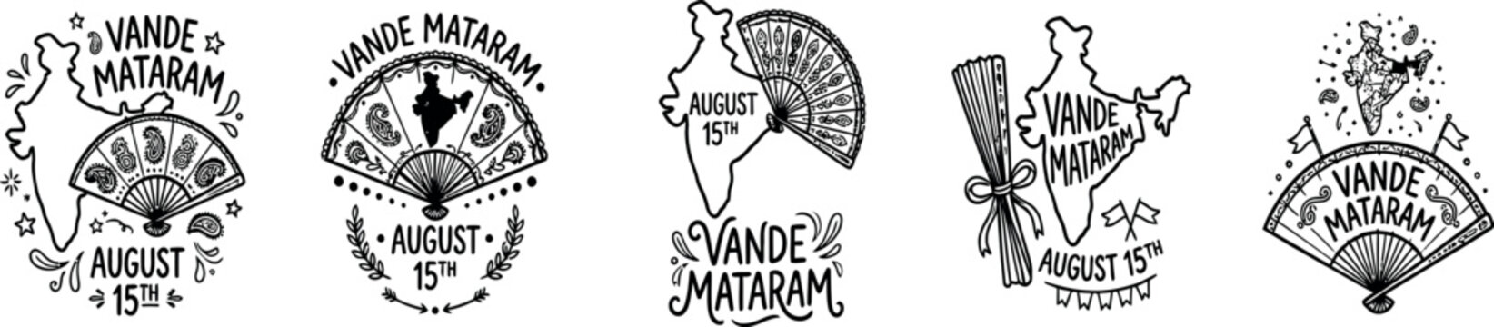 Vande mataram independence day collection hand drawn indian patriotic emblems for august 15th celebrations