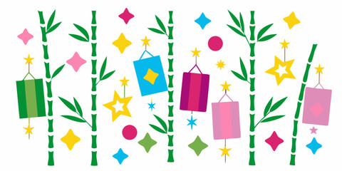 Fototapeta premium Tanabata Festival Design With Bamboo Stars And Colorful Paper Decorations