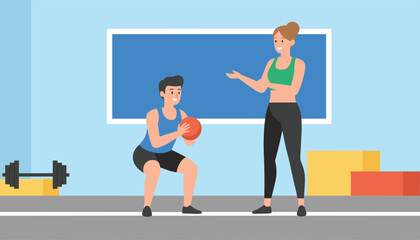 Obraz premium Professional female trainer instructing a young man performing squats with a medicine ball in the gym.