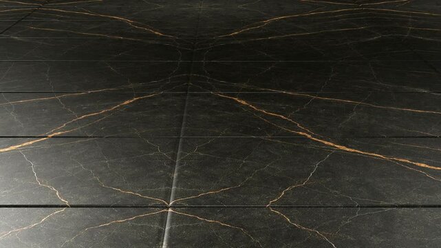 Sleek camera movement over Sahara Noir black marble tiles seamless pattern background luxury gold and white veined stone texture for premium architecture