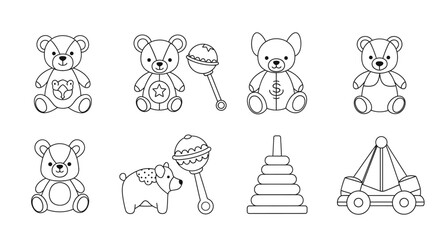 Black and white illustrations of baby toys and teddy bears. © NOXY 