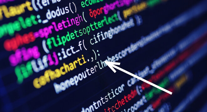 Close-up of colorful software source code on a computer monitor with a white mouse cursor pointer