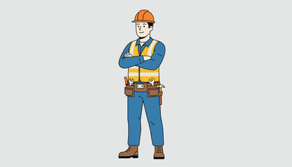 Fototapeta premium Confident professional construction worker in safety vest and helmet standing with folded arms on grey background.