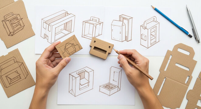 Hands of a product designer creating innovative cardboard box prototypes and sketches for sustainable packaging
