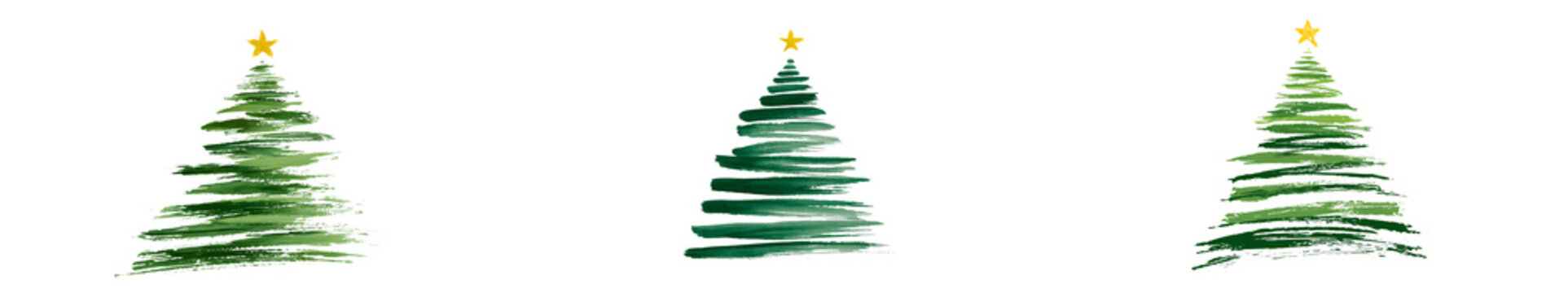 Three green christmas trees with yellow stars on transparent background for holiday decoration