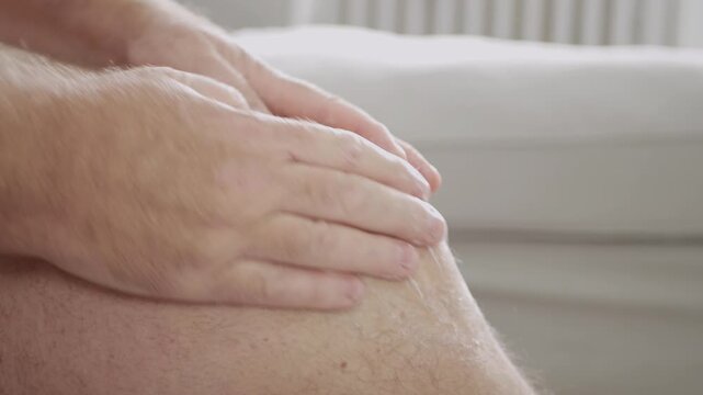 An Elderly Person Suffering from Rheumatism Pain Rubs His Feet with Medical Ointment and Gets a Medicinal Massage.