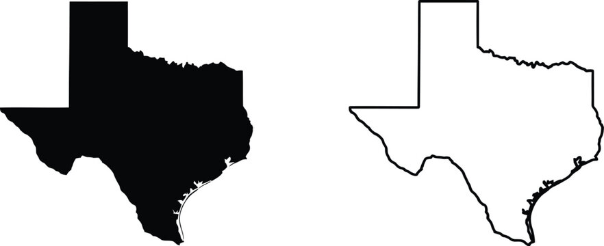 Black silhouette and outline map of texas state