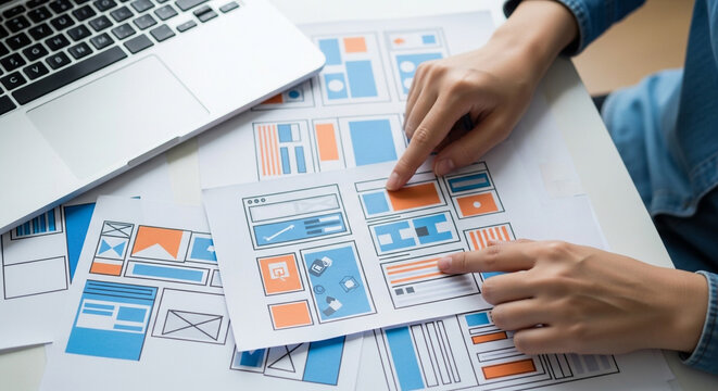 UI UX designer analyzing website layout wireframes on paper with laptop in creative office workspace setting