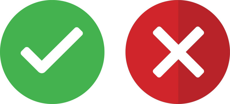 Green check mark and red cross sign icons for true or false choice and feedback