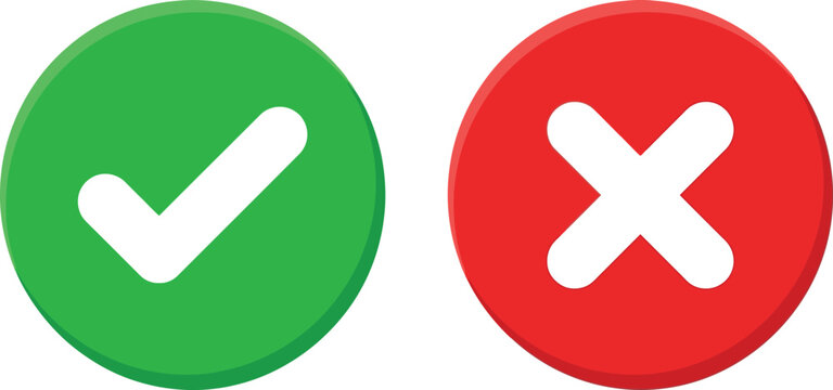 Green check mark and red cross sign icons for true or false or yes and no choice selection