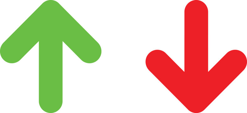 Green up arrow and red down arrow icons for business growth and decline analysis