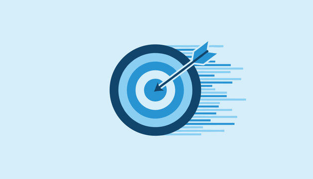 Blue target icon with an arrow hitting the center bullseye at high speed representing accurate business goal achievement.