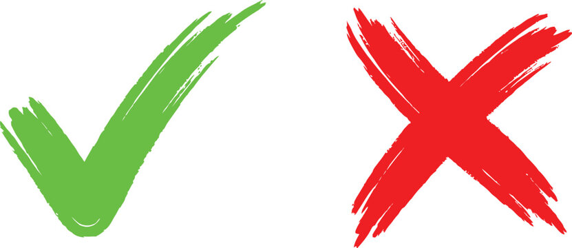 Hand drawn green check mark and red cross sign for correct and incorrect selection