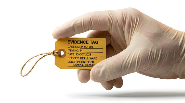 A gloved hand holds an evidence tag, a symbol of investigation and legal proceedings. The tag details are visible, implying a case number and item description.