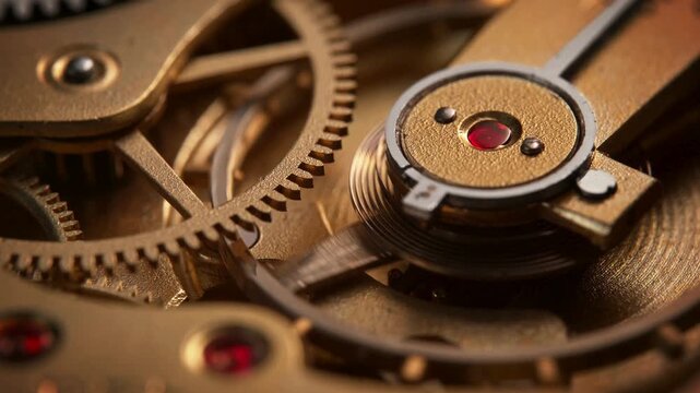 Closeup of intricate clockwork mechanism with golden gears and red jewels
