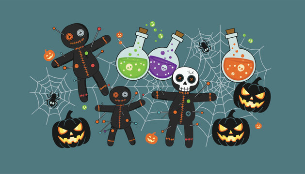 Spooky Halloween background filled with voodoo dolls, bubbling potion bottles, carved pumpkins, and spider webs.