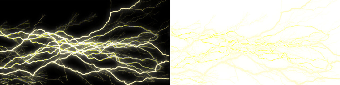 Bright yellow lightning strike on transparent background, realistic electrical discharge effect.