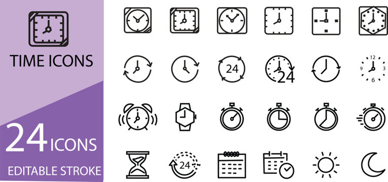 Time line icon set. Clock icon set. editable stroke outline icons set.  alarm, schedule, hourglass. date and time management. Vector illustration
