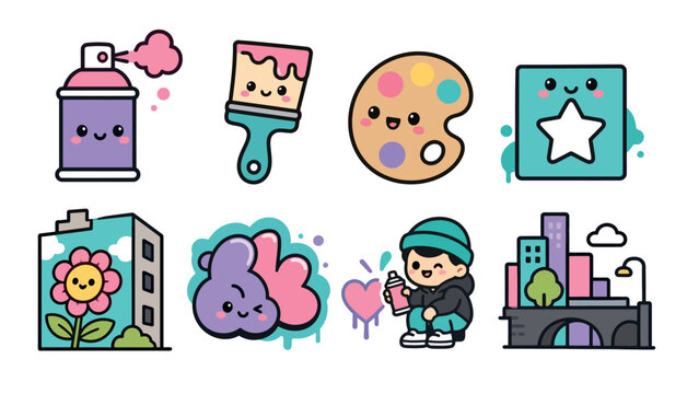 Colorful cartoon sticker icons set.