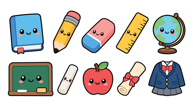 School objects with smiling faces.