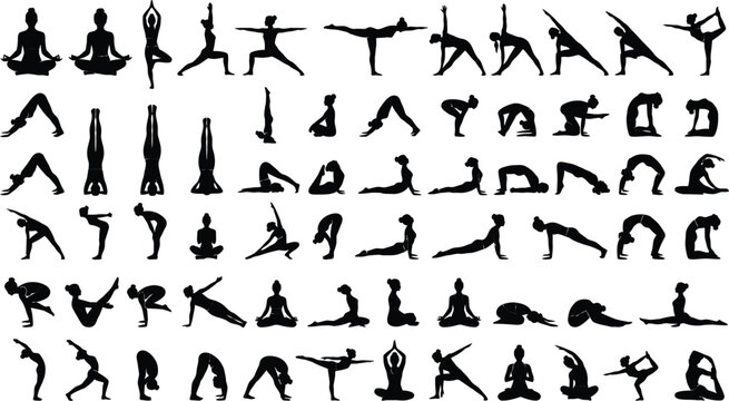 Collection of various yoga poses in black silhouette