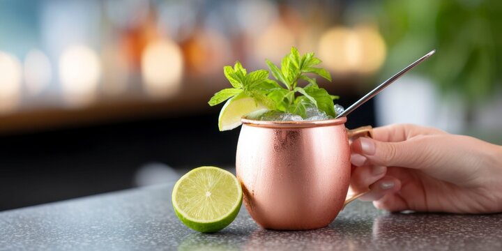 a hand holding a spoon, a copper mule cocktail in a round cup with lime and mint leaves on top of the table, with a bar counter background