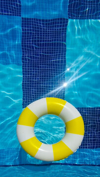 Summer vacation, tourism, travel concept. A retro style yellow and white inflatable ring floats on the clear, sparkling water of a blue tiled swimming pool. Space for text.