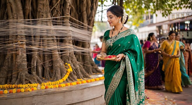 Indian women celebrating Vat Savitri Vrat, Vat Purnima (Pournima), Savitri Amavasya, Bargad Pooja, and the Banyan Tree Festival.