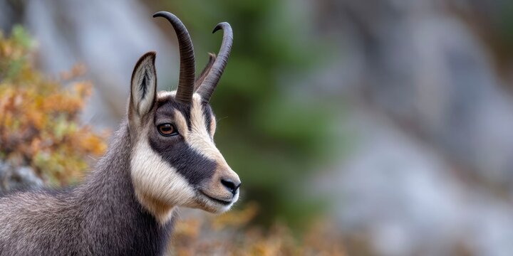 an alpine chamois, showcasing the majestic horns and fur texture, against a blur background
