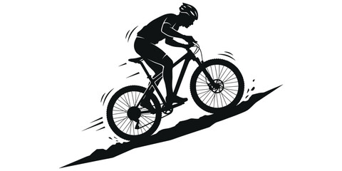 Obraz premium Silhouette of cyclist riding mountain bike uphill showing strength, endurance, and outdoor adventure concept artwork design illustration, flat vector illustration