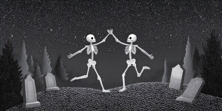 black and white ink drawing of two skeletons dancing in the night sky, with a graveyard background