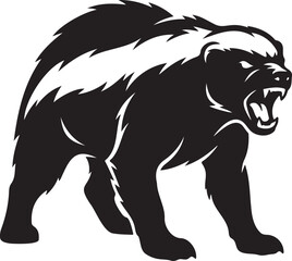Obraz premium Bold black and white aggressive honey badger mascot vector silhouette isolated on white background ferocious forest animal icon for sports team logo branding t shirt print emblem design