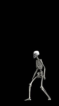 Seamless vertical video of a skeleton with thriller dance isolated with alpha channel. Funny halloween background.