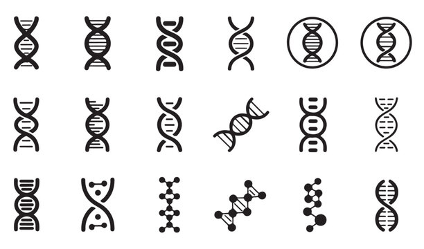 Dna helix and genetic sequence icons collection for biotechnology and ancestry infographics.