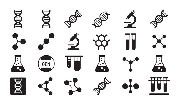 Biotechnology icons set with DNA microscope and test tubes.